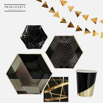 black and gold premium party plates and cups