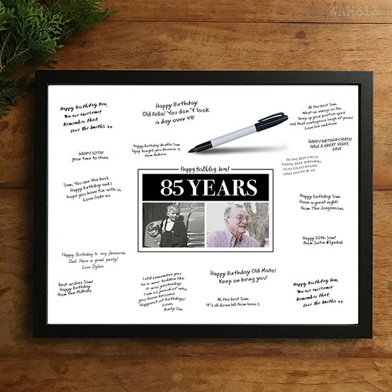 custom 85th birthday signing poster guestbook alternative with photos of birthday boy as adult and child surrounded by handwritten messages