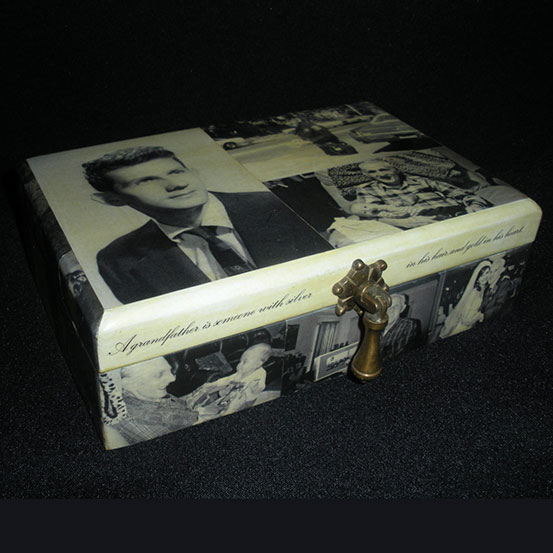 top view of custom photo keepsake / memory box showing black and white photos of female friends