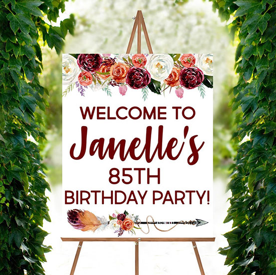 Forty & Fabulous 85th Birthday custom name welcome sign with floral design on an easel
