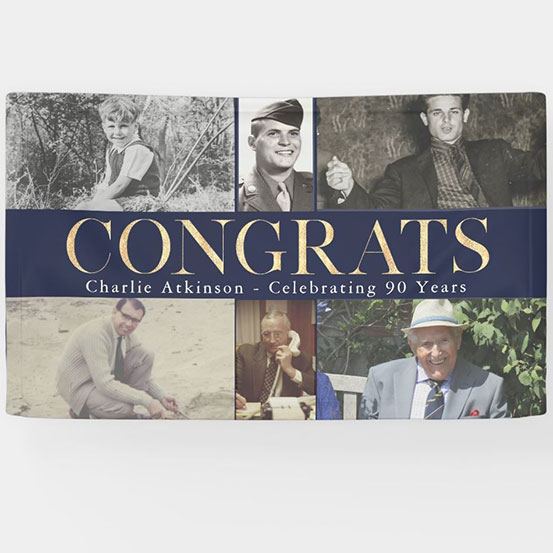 Congrats 90th birthday custom photo banner showing birthday boy at 6 different stages of his life