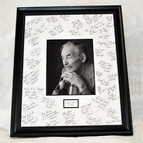 custom 40th birthday framed signing poster guestbook alternative with photo of birthday boy surrounded by handwritten messages