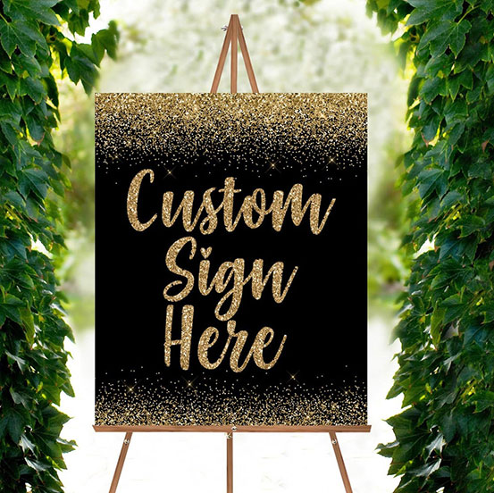 Black and gold sequin 95th Birthday custom name welcome sign on an easel