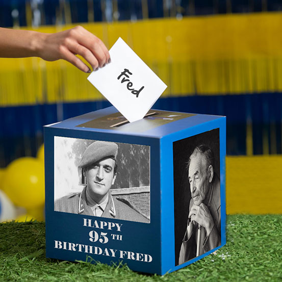 95th birthday card box printed with old photos of the birthday boy