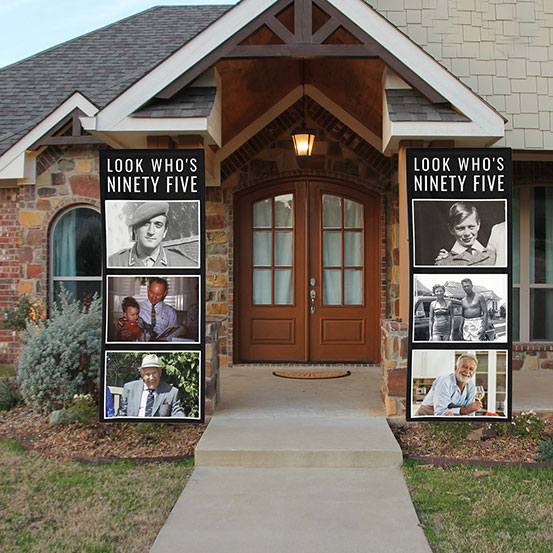 Look Who's Forty custom photo vertical banners hung either side of house front door