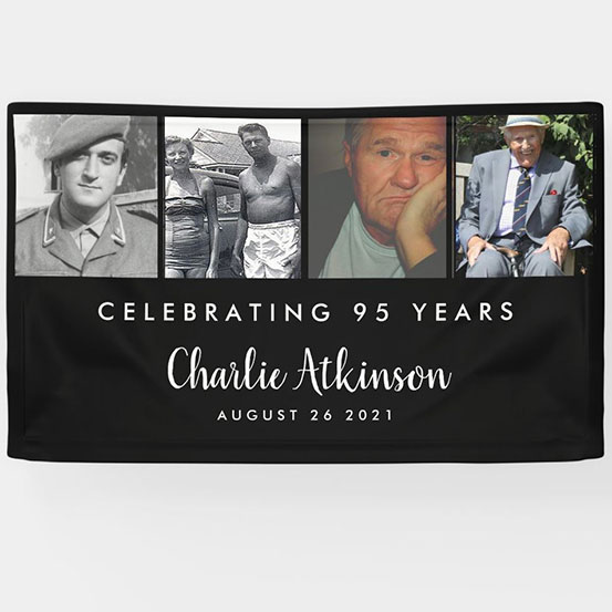 Celebrating 95 years custom photo banner showing birthday boy at 4 different stages of his life