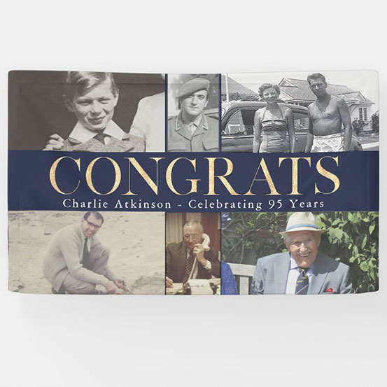Congrats 95th birthday custom photo banner showing birthday boy at 6 different stages of his life