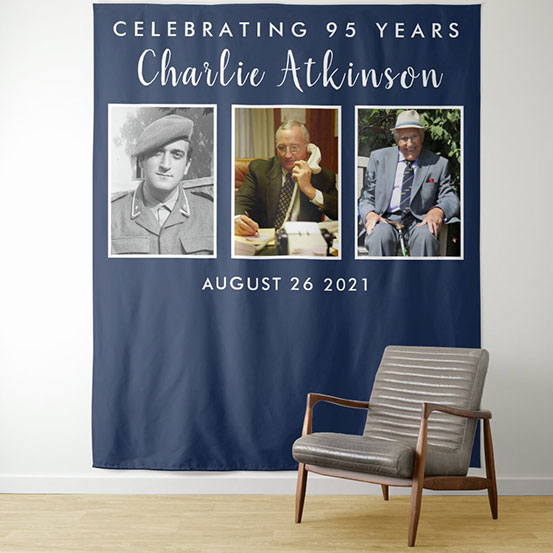 Celebrating 95 years photo backdrop showing birthday boy through the years