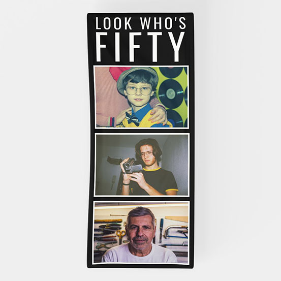 Look Who's Forty custom photo vertical banner showing birthday boy at 3 different stages of his life