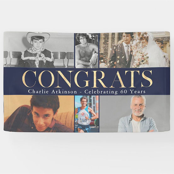 Congrats adult birthday custom photo banner showing birthday boy at 6 different stages of his life
