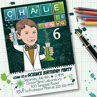personalized science party cartoon invitation