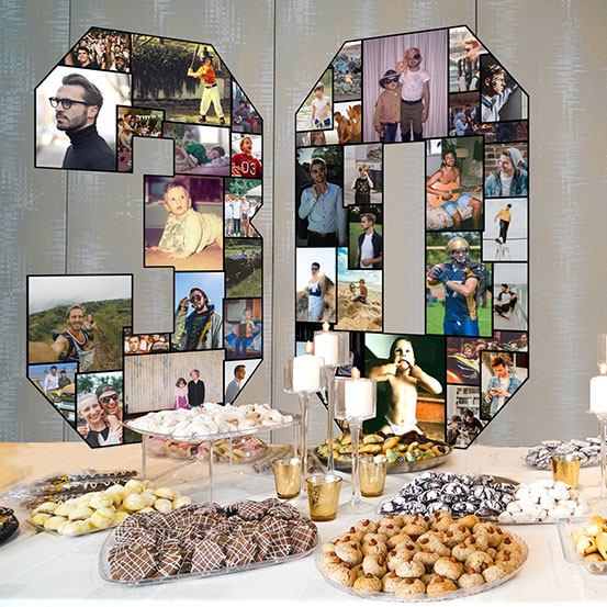 freestanding number 30 photo collage on dessert table