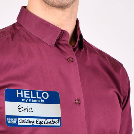 Hello My Name is...sticker on men's breast pocket