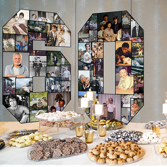 freestanding number 60 photo collage on dessert table