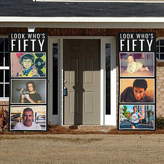 look who's 50 vertical photo banners either side of house front door