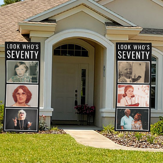 look who's 70 vertical photo banners either side of house front door