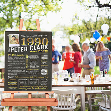 A Year to Remember fun facts sign set up on easel at garden party