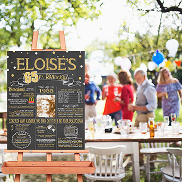 A Year to Remember fun facts sign set up on easel at garden party