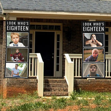 look who's 18 photo banners at house entrance