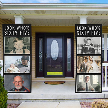 look who's 65 photo banners at house entrance