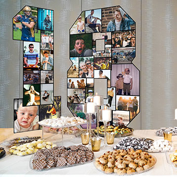 freestanding number 18 photo collage on dessert table