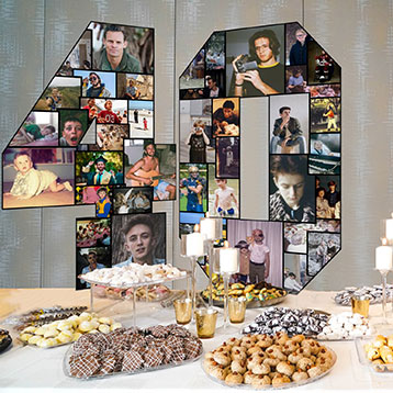 freestanding number 40 photo collage on dessert table