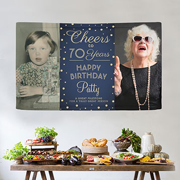 Then & Now 70th birthday photo banner hung above buffet table
