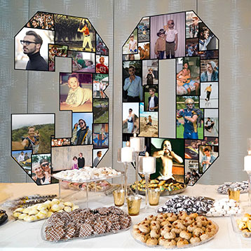 number 30 photo collage on birthday food dessert table