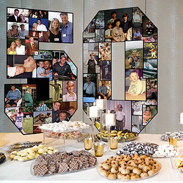 number 50 photo collage on birthday food dessert table