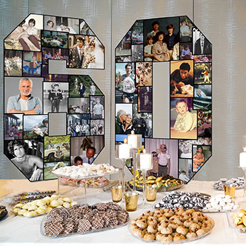 number 60 photo collage on birthday food dessert table