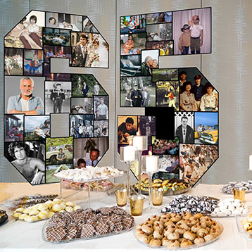number 65 photo collage on birthday food dessert table