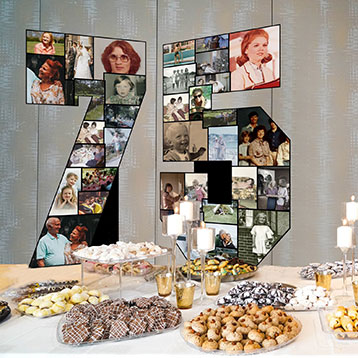 number 75 photo collage on birthday food dessert table