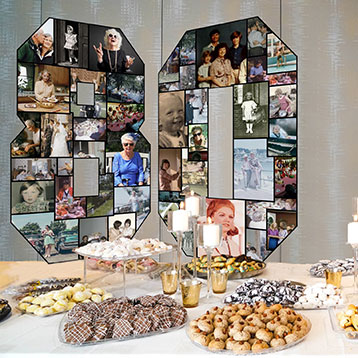 number 80 photo collage on birthday food dessert table