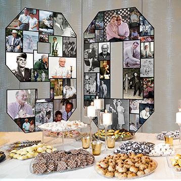 number 90 photo collage on birthday food dessert table