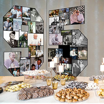 number 95 photo collage on birthday food dessert table