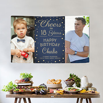 Then and now 18th birthday custom photo banner above buffet table