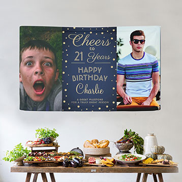 Then and now 21st birthday custom photo banner above buffet table