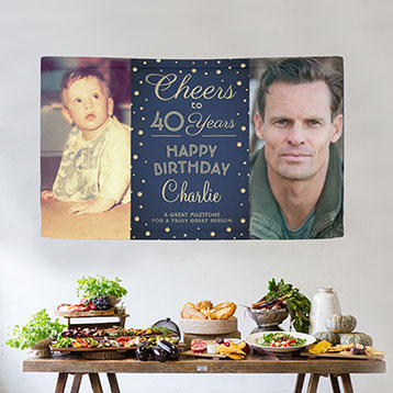 Then and now 40th birthday custom photo banner above buffet table