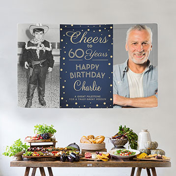 Then and now 60th birthday custom photo banner above buffet table