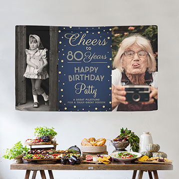 Then and now 80th birthday custom photo banner above buffet table