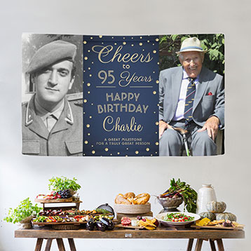 Then and now 95th birthday custom photo banner above buffet table