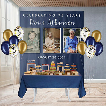 75th birthday 'through the years' custom photo dessert table backdrop