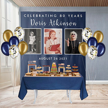 80th birthday 'through the years' custom photo dessert table backdrop