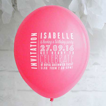 pink balloon with party invitation wording printed on it